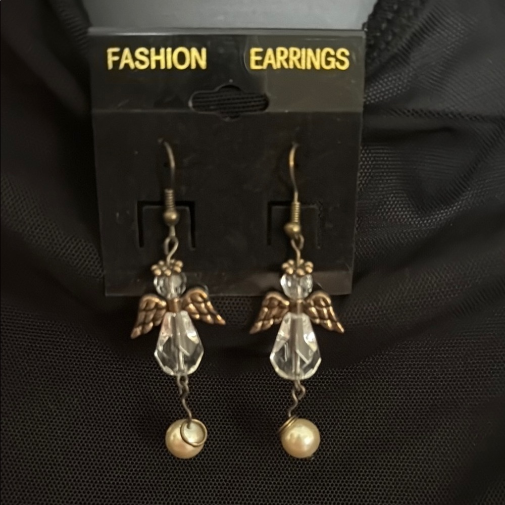 Angel Wing Drop Earrings with Crystal and Pearl Accents